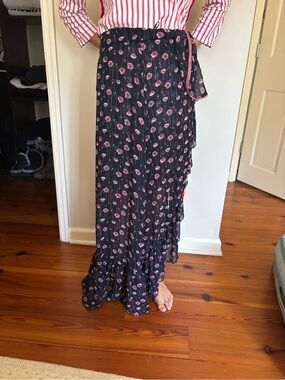 Misa Los Angeles Black Floral Maxi Skirt with Pink Blooms